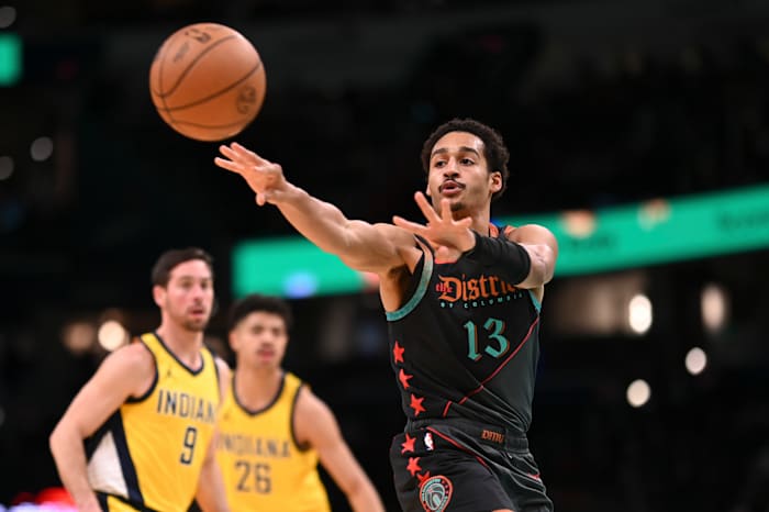 Dec 15, 2023; Washington, District of Columbia, USA; Washington Wizards guard Jordan Poole (13) passes to the outside during the fist half against the Indiana Pacers at Capital One Arena. Mandatory Credit: Tommy Gilligan-USA TODAY Sports